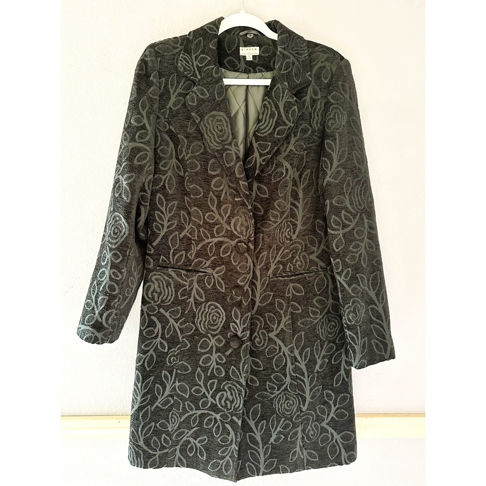 Giacca Y2K Black Floral Tapestry Long Trench Coat Jacket Textured Old Money‎ M